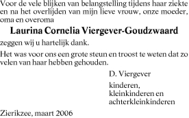 Laurina Cornelia Viergever - Goudzwaard Dankzegging 1914-2006